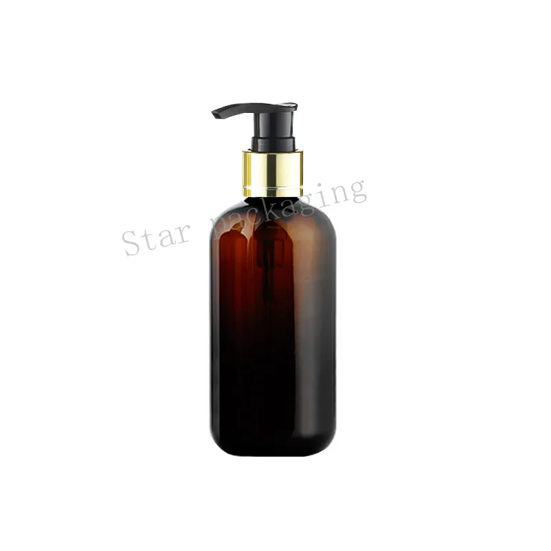 250 ml braune Lotion-Goldkragen-Shampoo-Flaschenbehälter für Kosmetikverpackungen, bernsteinfarbene PET-Flasche mit Flüssigseifenspender