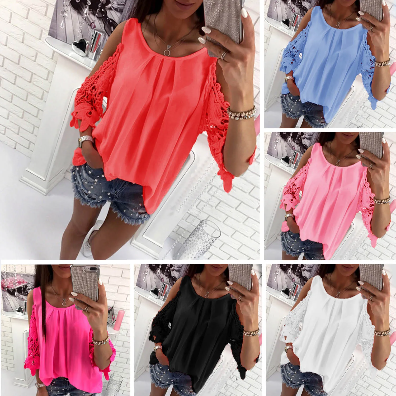 Blouses European Spring and Summer Solid Color Explosion Strap Hollow Sleeve Casual Shirt Support Mixed Batch