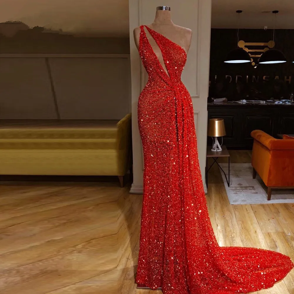 Lange sexy rote Pailletten-Abschlussballkleider 2019 Meerjungfrau Dubai One Shoulder Fashion Abendparty Eröffnungszeremonie Promi-Kleider