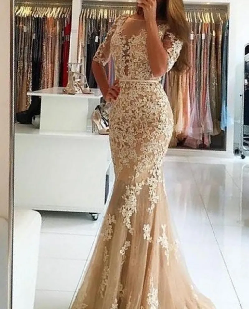 Modern Champagne Tulle Mermaid aftonklänningar Robe Longue Femme Soiree Sexig backless Long Plus Size Prom -klänningar Dh385