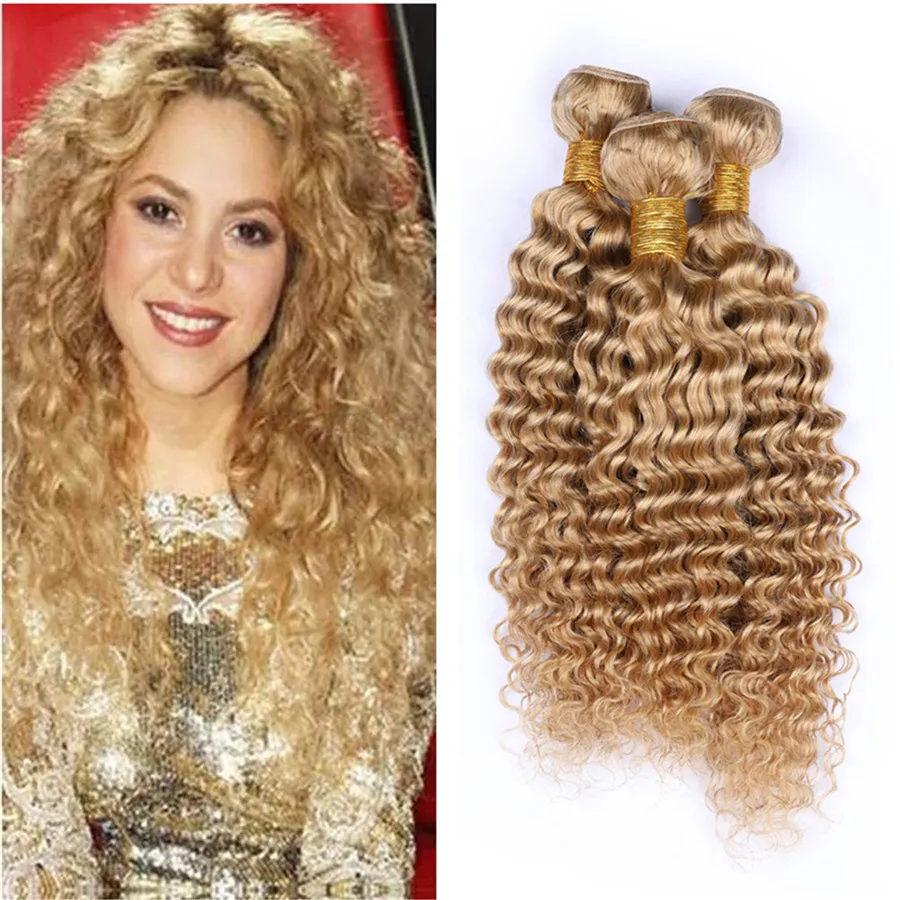 8A mel Humano trama do cabelo Pacotes morango loira não transformados profunda brasileira Cabelo Onda da cor do cabelo 3Bundles # 27 brasileira Virgin Pacotes