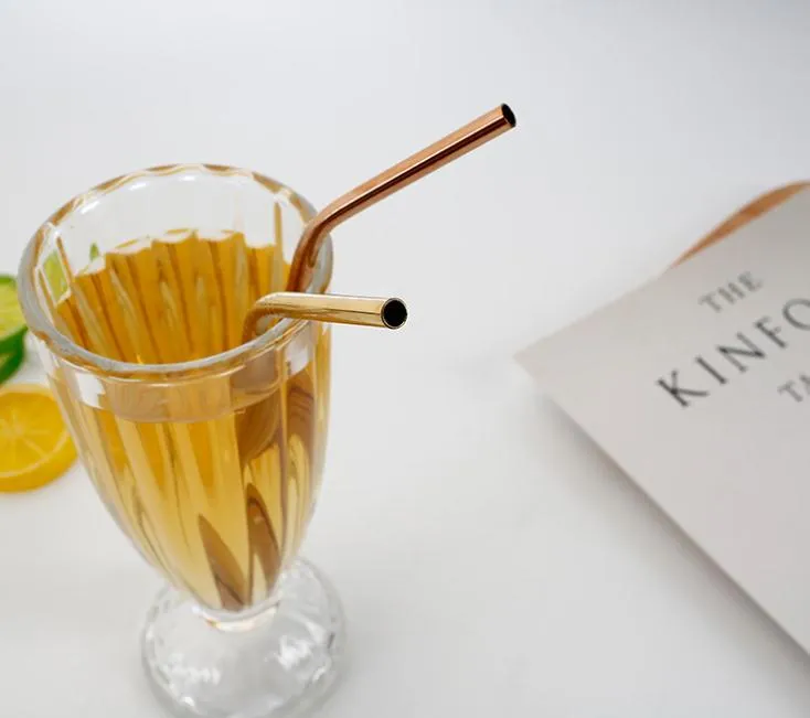 Rose/ Gold Straight/ Bent 215/267mm Drinking 304 Straw Stainless Steel Bar Straws Reusable High Quality SN2370