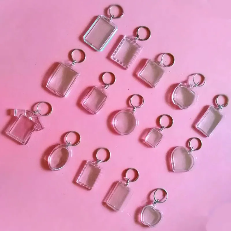 50st / lot rektangel hjärta runda stilar transparent tomt akrylinsats foto bildram nyckelring keychain diy split ring gåva