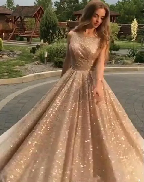 2019 Gold Prom Dress Sequins A Line Red Carpet Evening Party Gown