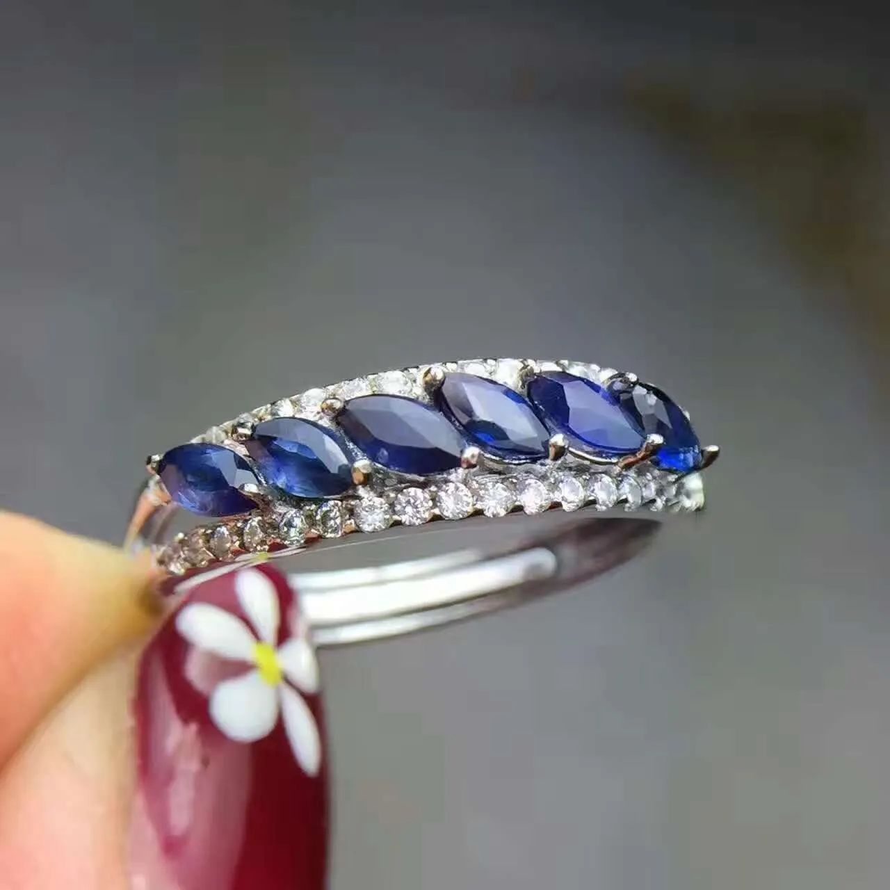 Fashion Sapphire Silver Ring 6pcs 2mmx4mm Natural Midnight Blue Sapphire Silver Ring Solid 925 Silver Gemstone Ring