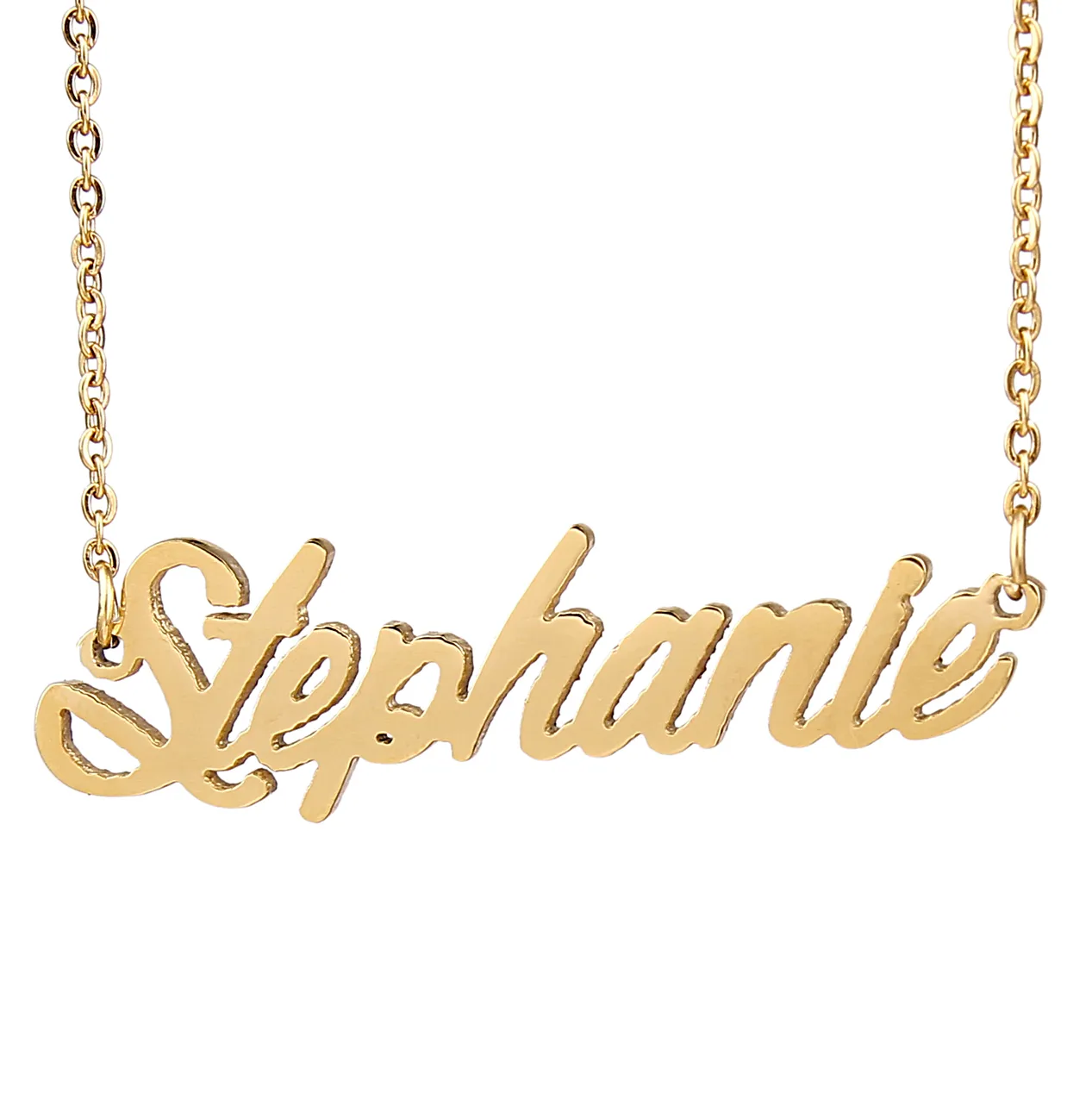 Stephanie Personalizzato personalizzato placcato oro 18 carati in acciaio inossidabile con nome script collana con ciondolo targhetta collane gioielli regalo NL-2430