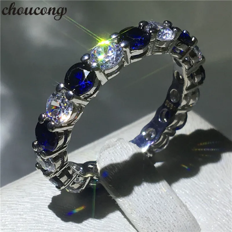 choucong Klassischer Ring, 4 mm, blauer Diamant, 925er-Sterlingsilber, Verlobung, Ehering, Ringe für Damen und Herren, Jubiläumsschmuck