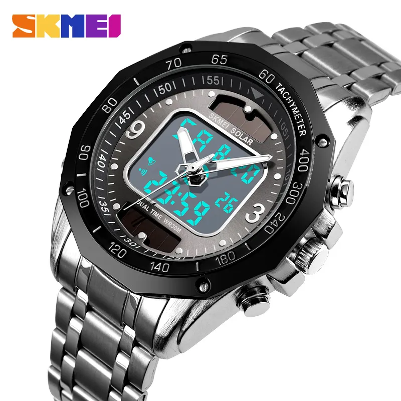 SKMEI Modna marka 3Bar Waterproof Pasek ze stali nierdzewnej podwójny wyświetlacz kwarcowy Mężczyźni Watch Relogio Masculino 1493