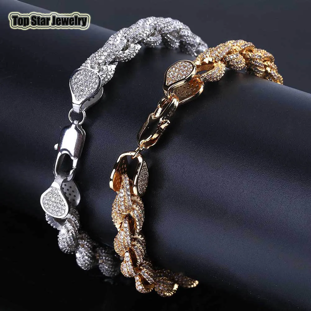 Top Qualité Punk Entièrement Cubique Zircone Chaîne Torsadée Hommes Femmes Hip Hop Rappeur Glacé Bling Bling Twist Bracelets 8mm * 20.5cm Bracelet