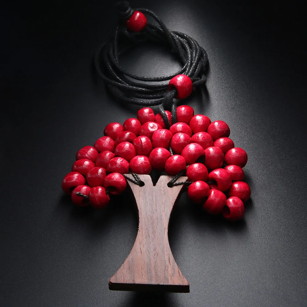 Rainbow Drewniane Koraliki Wisiorek Naszyjnik Handmade Drzewo Życia Moda Boho Etniczne Długie Oświadczenie Naszyjniki Biżuteria dla Kobiet Prezent