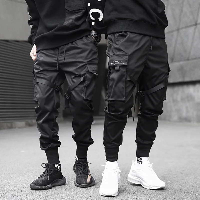 Męskie wstążki Color Block Spodnie Czarna kieszeń Cargo Harem Joggers Harajuku Spodnie dresowe Hip Hop