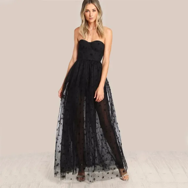 2019 zwarte sexy feestjurk ster schattige vrouwen mesh overlay zomer jurk strapless pure knippen