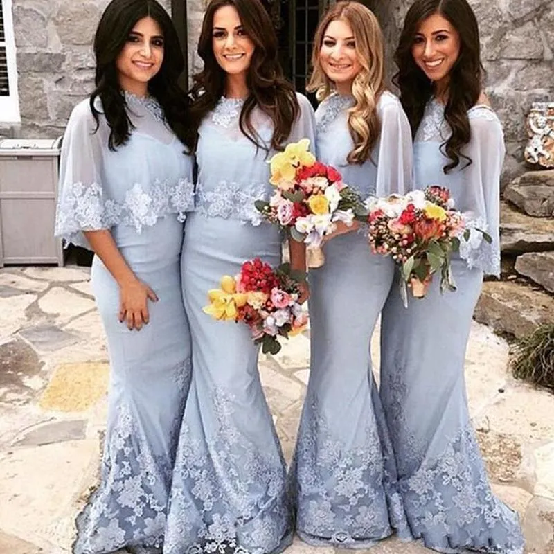 New Arabic African Sier Bridesmaid Dresses Mermaid Lace Appliques Beads Floor Length For Wedding Guest Dress Party Gowns With Wraps Jacket