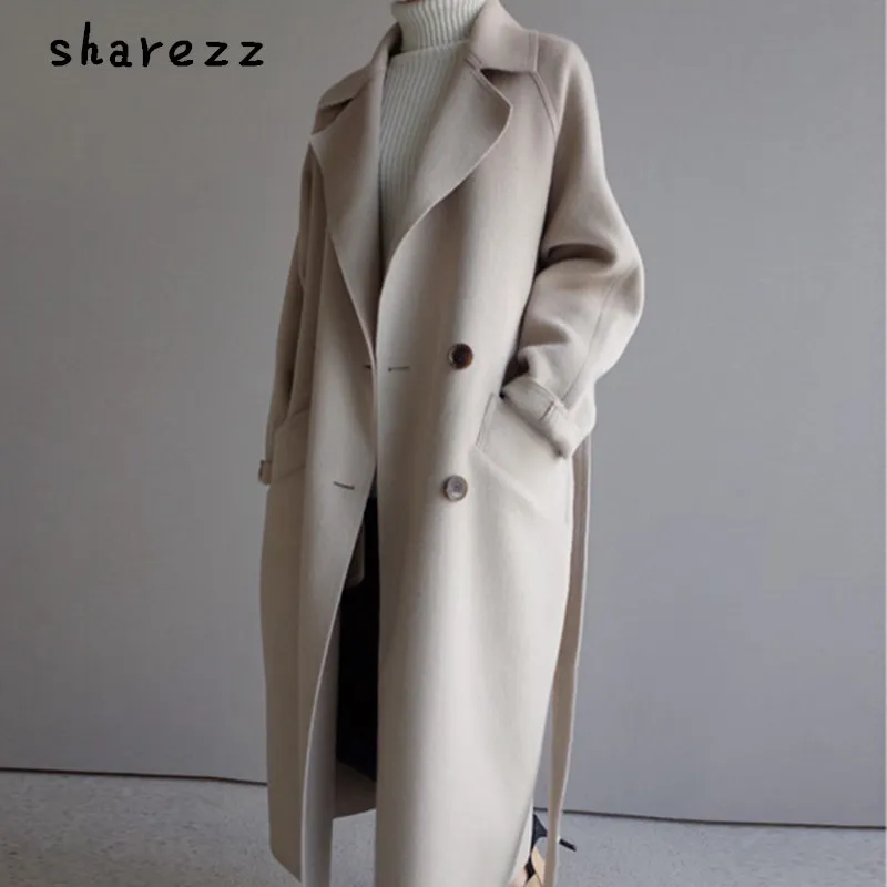 sharezz 2019 winter woolen coat women wide lapel belt pocket wool blend coat long wool outwear manteau femme hiver