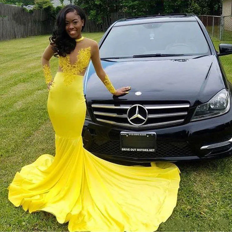 Yellow Mermaid Yellow Mermaid Prom Dress Long Sleeve Jewel Neck Lace Appliques Illusion Sexy Party Gowns Black Girls Formal Dress From Lindaxu90 99.66 DHgate.Com