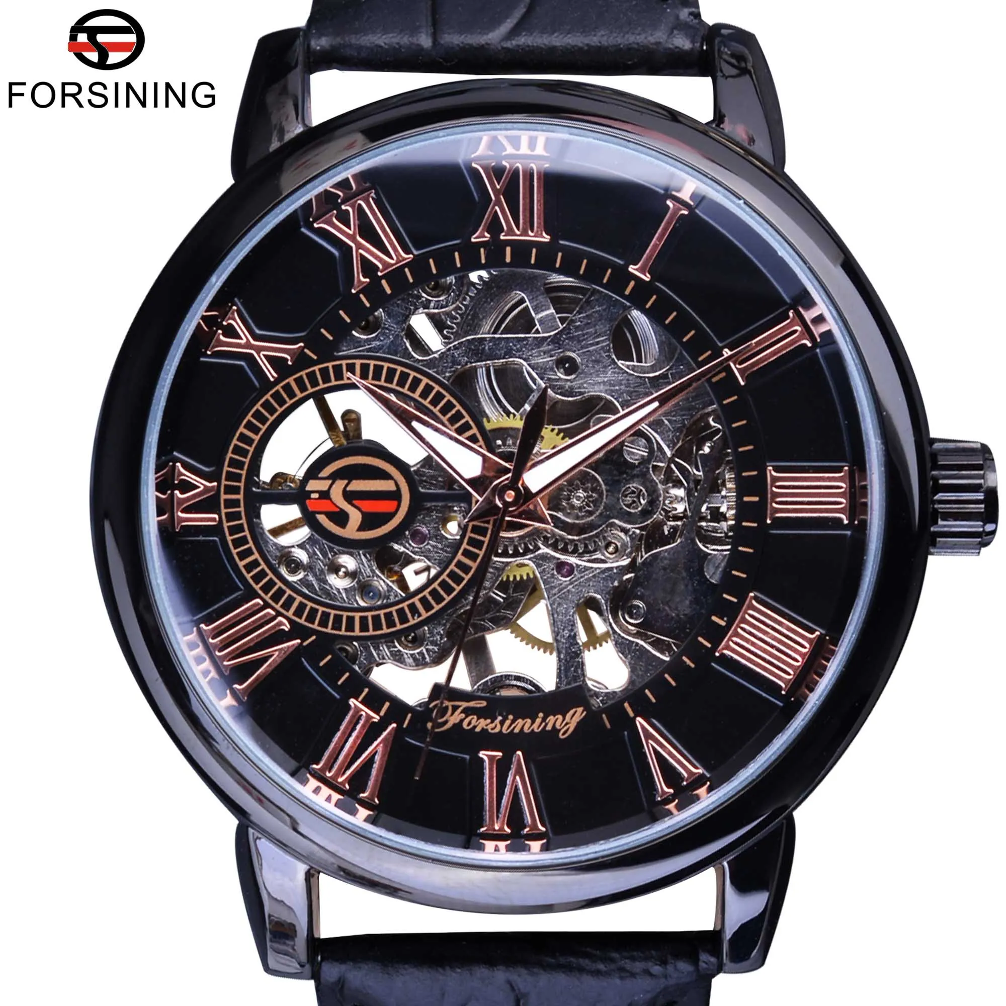 Forsining Black Bezel Red Roman Display Hollow Gravering Klockor Män Top Märke Luxury Mechanical Skelett Watch Clock Armbandsur
