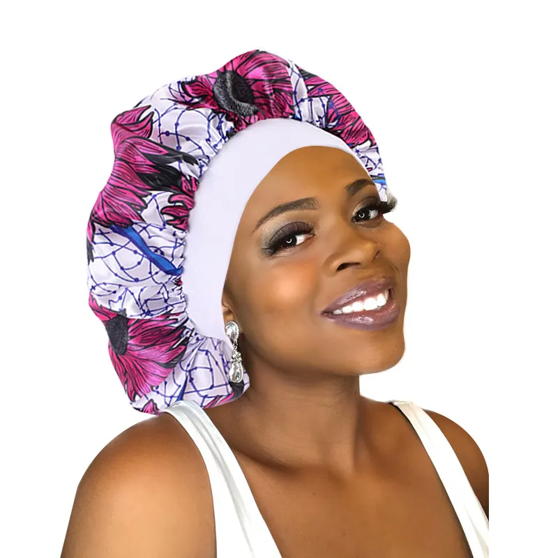 Женщины широкополосный африканский узор печать шелковистой капот Анкара крышка мягкой шелковистой ночной шляпа шляпа шляпа химии шляпа, отставание от волос дамы тюрбан