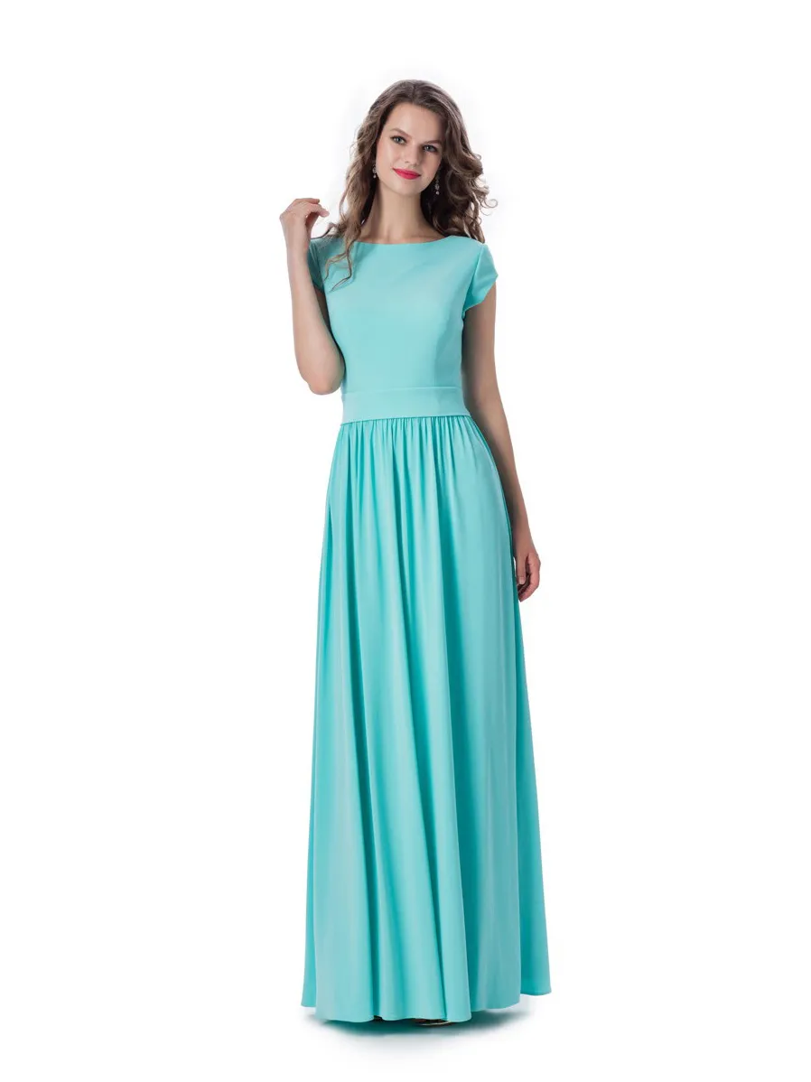 Mint A-line Chiffon Modest Bridesmaid Dresses With Cap Sleeves Full Length Plain Formal Sleeved Modest Bridesmaid Gowns Custom Made
