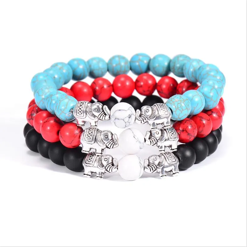 Mode Argent Éléphant Charme Perles Bracelet Unique Coloré Pierre Naturelle Strand Distance Bracelets Pour Hommes Femmes Bijoux