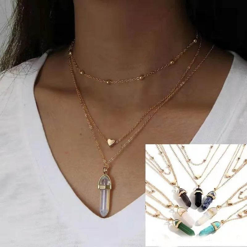 Natural stone bullet pendant necklace for women luxury designer colorful stones pendants bohemian vintage heart necklaces chain jewelry gift