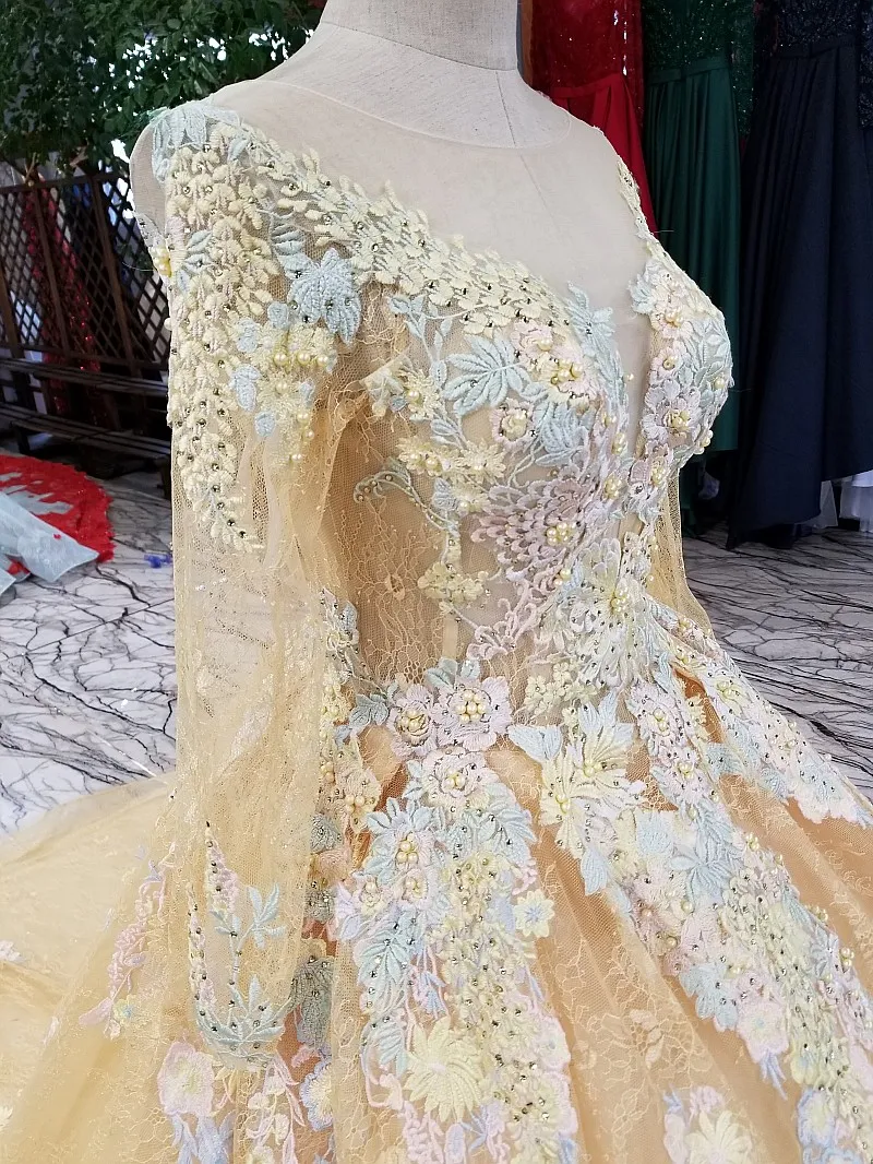 2020 Princess Champagne yellow wedding Dress with Appliques, Lace, Long Sleeves, Embroidery, and Gown Style - Arabic Bridal Dress