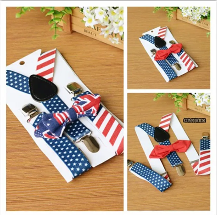 Bandeira Americana Crianças Suspender Independência Dia Crianças Meninos Meninas Stars Stripe Y-Forma Ajustável Ajustável Cintos Elásticos + Arcos Gravata 2 Pcs Sets Y2584