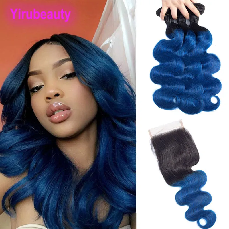 Brazilian Virgin Hair Extensions 1B/Blue Ombre Human Hair Body Wave 3 Bundles With 4X4 Lace Closure With Baby Hair Remy 4 Pieces 1B Blue