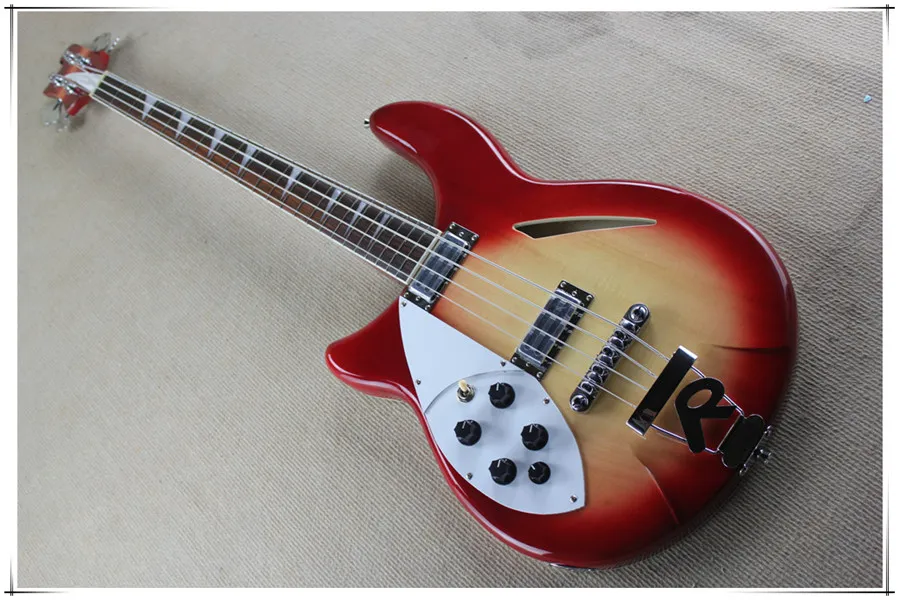 Left handed Semi Hollow Electric Bass Guitar with R Bridge White Pickguard Chrome Hardware Can be customized
