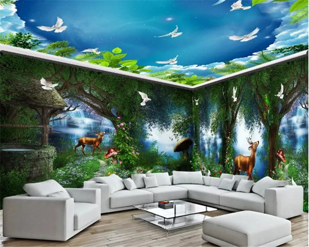 3d tapeta salon cały dom tło ściana wiejska wiejska fantasy bajka las wodospad mural tapety hd