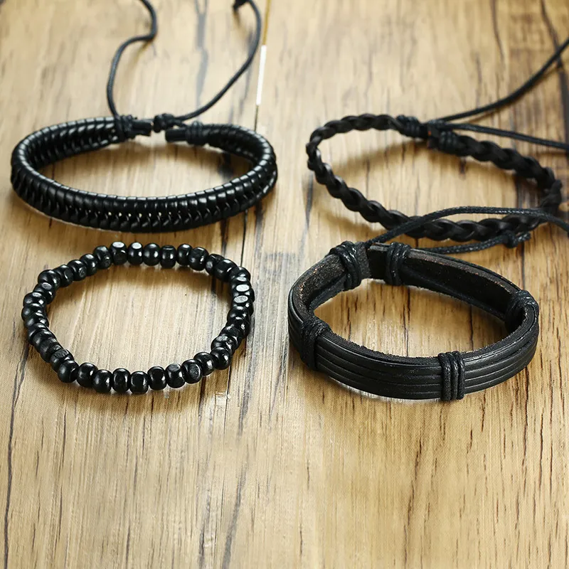 4 pçs lote vintage preto couro amizade pulseiras conjunto para masculino pulseira braclet braslet homem pulseira masculina jóias1622484