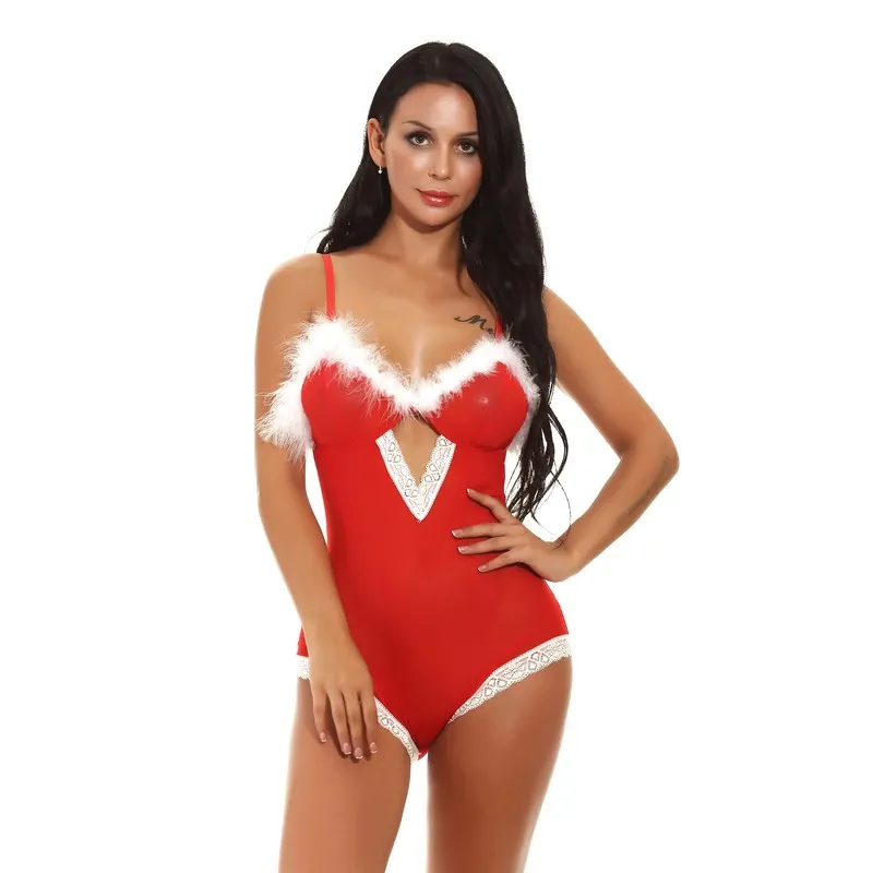 Body in pizzo rosso sexy da donna Body in maglia rossa per le vacanze di Natale Festive Lingerie trasparente con rifiniture sfocate bianche su busto S-XXL