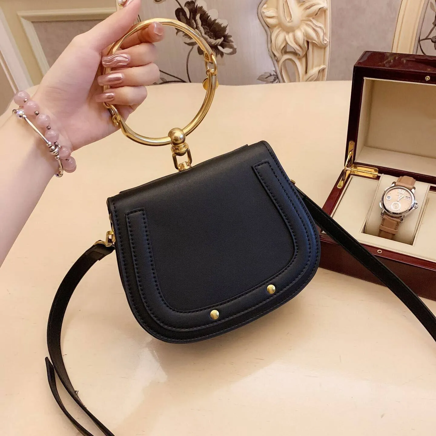 New ladies handbags purses Metal Ring package saddle metal nile handle bag Bracelet bag Female single Shoulder Messenger tote Crossbody Bags