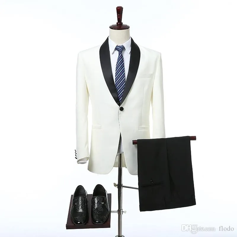 Dwa Kawałki Ślub Kwaśny Groom Tuxedos Dla Mężczyzna 2017 Czarny Szal Lapel Custom Made One Button Groomsmen Garnitury Nowa (Kurtka + Spodnie + Krawat)
