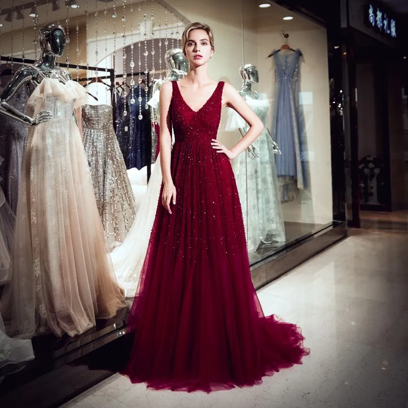 Elegant Wine Red Tulle A-Line Red Evening dress with V-Neck and Beading for Women's Formal Evening and Prom Wear - Plus Size Available