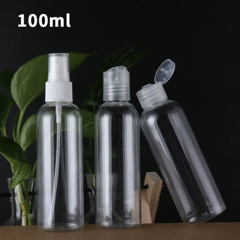 100ml Pet Plastic Fles met Flip / Press / Spray Cap Transparante Ronde Vorm Hand Sanitizer Gel Flessen voor 2020 Bulk Stock