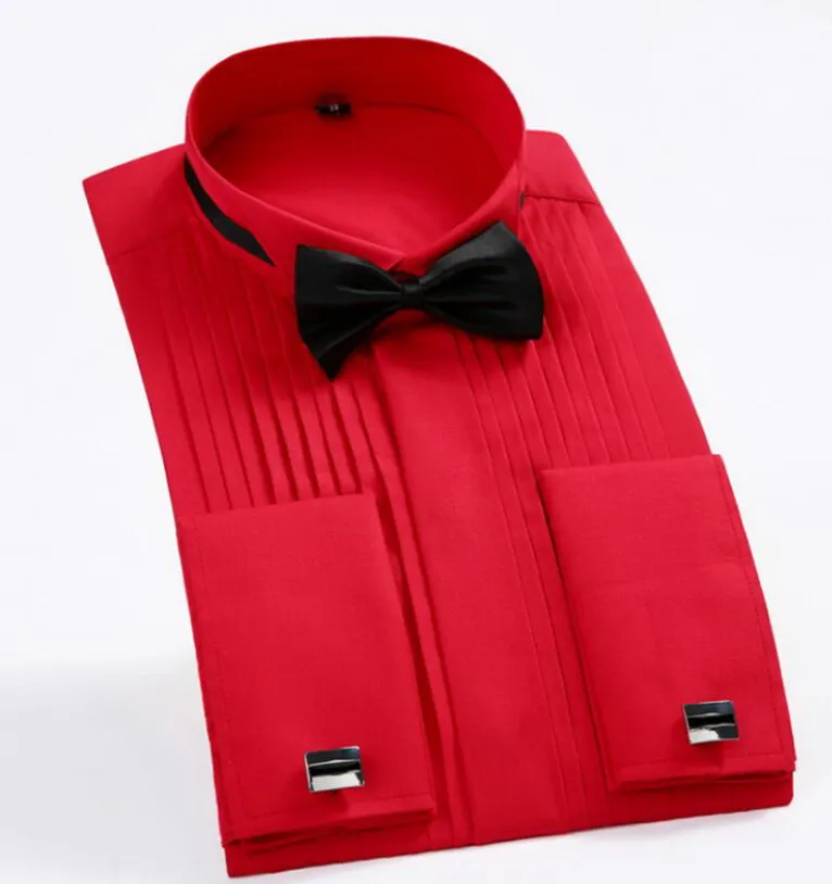 Esmoquin de boda para hombre, camisas de vestir de manga larga, gemelos franceses, pliegue de cola de golondrina, diseño de botón oscuro, camisa de caballero, blanco, rojo y negro