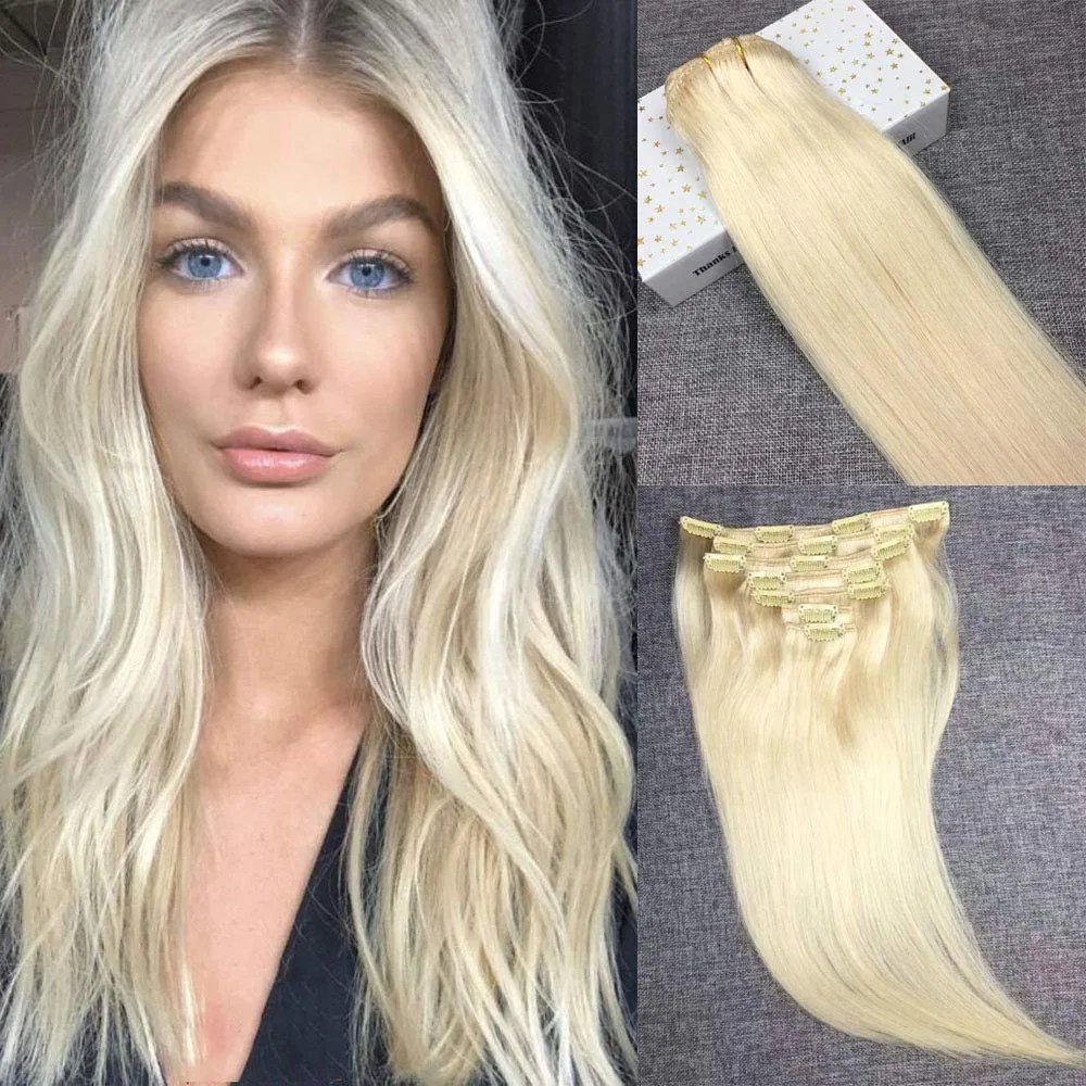 Bleichblonde Clip-in-Haarverlängerungen, 61 cm, 100 g, 7 Stück, Nr. 60 Platinblond, Remy-Echthaar, voller Kopf, Echthaar, glatt