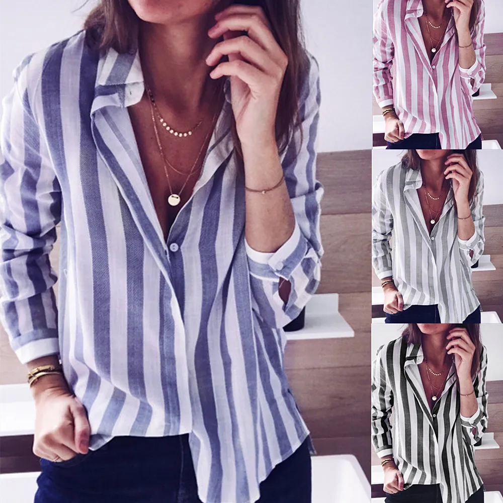 Ontworpen shirt - Nieuwe 2019 Hot Style Herfst Revers Collar Lange Casual Streep Lange Mouw Shirt Blouse Damesmode