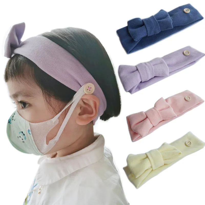 Kids Girls Button Headband Facemask Holder Wearing A Protect Your Ears Bow Solid Color Headband for Baby 12 Colors