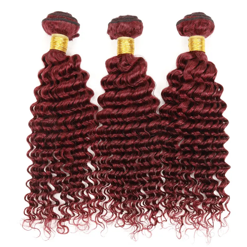 100% Virgin Indian Remy Hair Extensions 3 Bundles 99J Indian Curly Hair Burgundy Färg Vävar Indisk Djup Curly Wave Billiga Human Hair