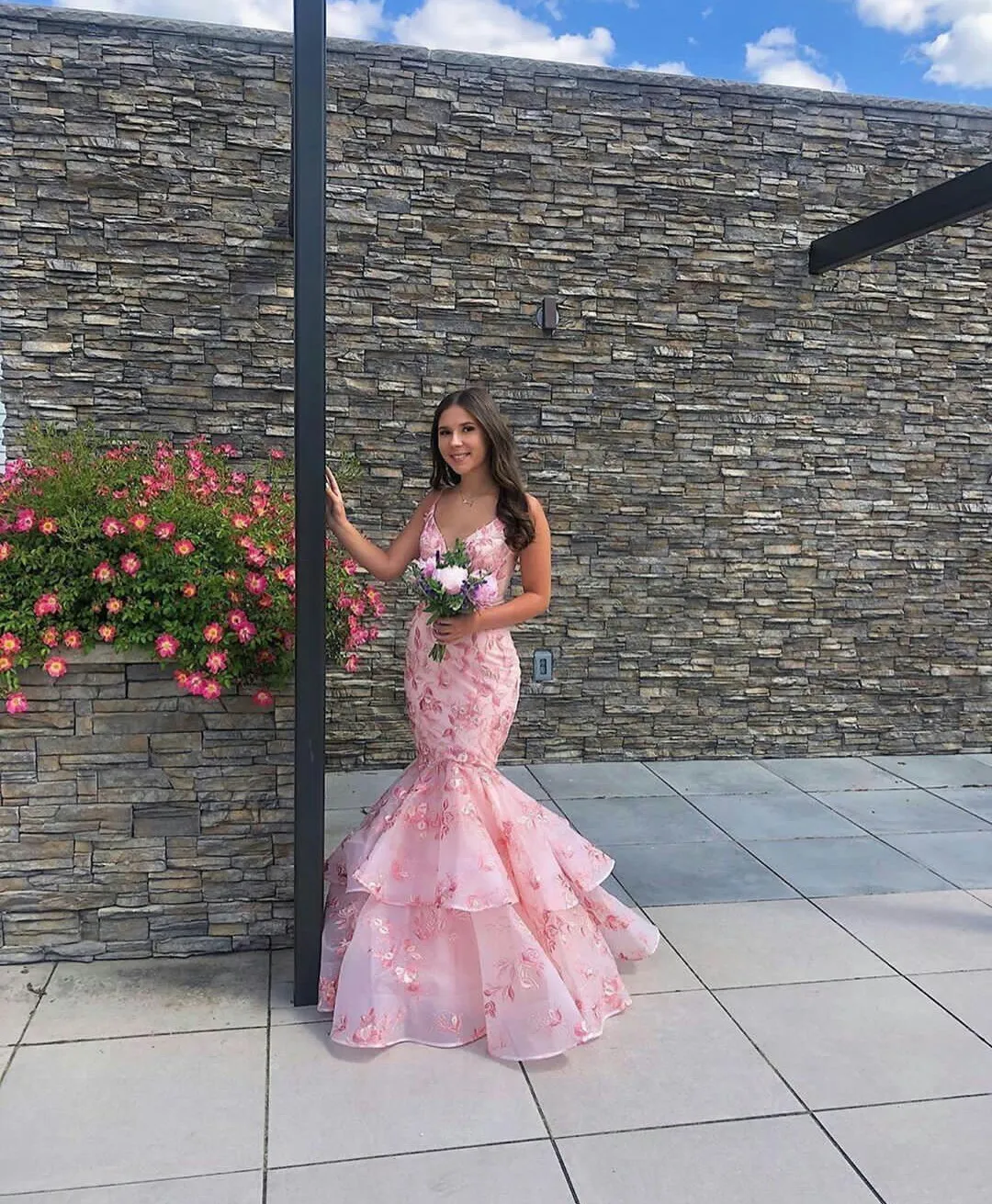 slim fit dress slacks Corset-Bodice Long Print Prom Dress with Ruffled Skirt Blue/White / 14