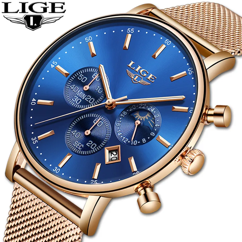 Lige Women Fashion Gold Blue Quartz Watch Lady Mesh Watchband High Quality Casual Waterproof Wristwatch Moon Phase Clock Women Y19070603