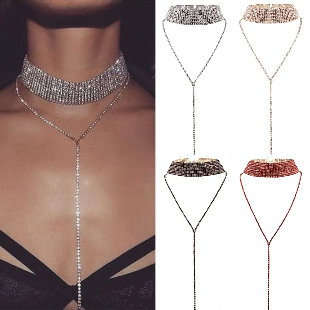 Luxury Full Diamond Pendant Crystal Halsband Choker Tjockt uttalande Halsband Kvinnor Multi Layer Smycken Mode Tillbehör