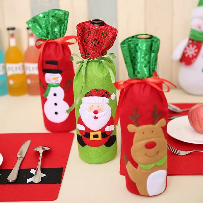 Free Shipping Christmas Decoration for Home Table Sequins Wine Bag Holder Red Wine Bottle Cover Case Christmas Gift Bags