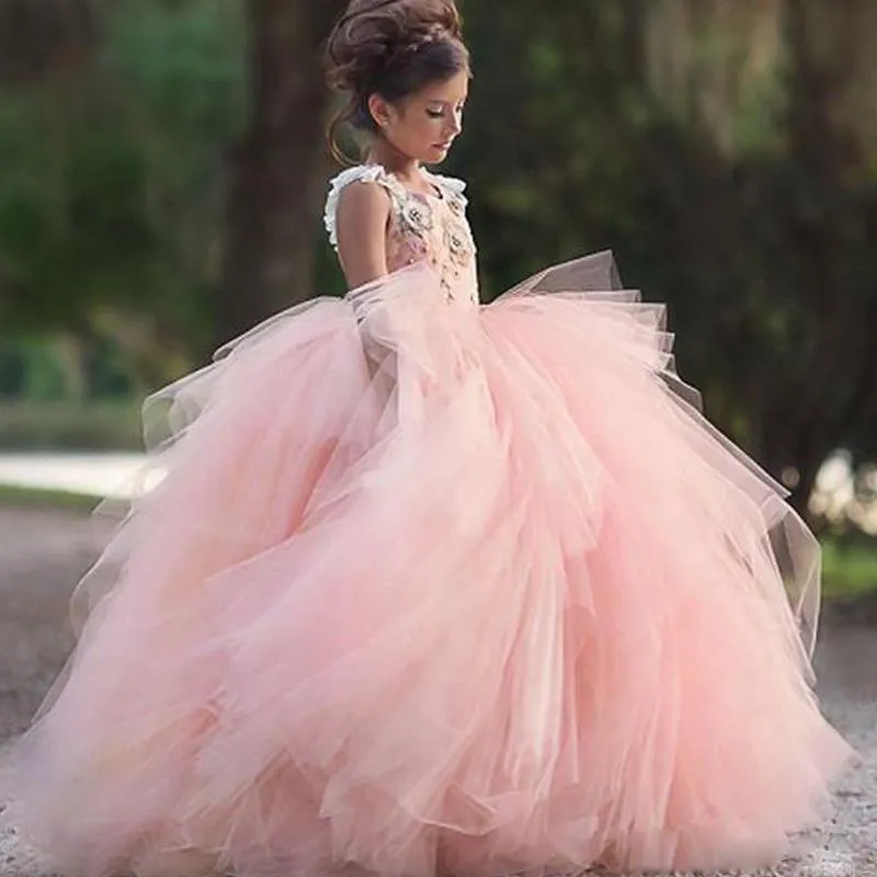 Hot Sale Beaded Ball Gown Flower Girl Dresses for Wedding Tiered Pageant Gowns Appliqued Tulle Sweep Train Kids Prom Dress