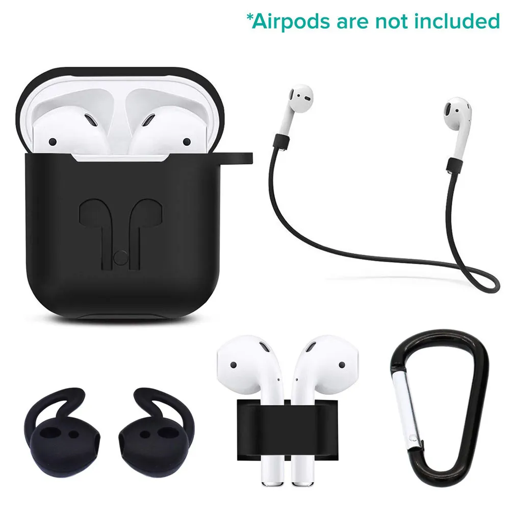 Set di accessori per cuffie Kit 5 IN 1 Custodia morbida in silicone per Airpods Auricolare wireless + cinturino anti-smarrimento Custodia per auricolari con gancio SPEDIZIONE VELOCE di alta qualità