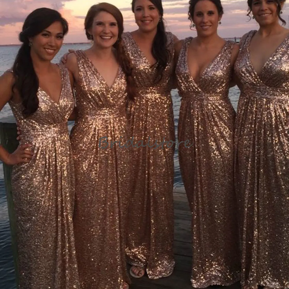Gold Sequin Gold Sequin Bridesmaid Dresses - Deep V-Neck, Pleated Full Length, Flare - Perfect for Country Weddings, Beach Wednings - Affordable 2019