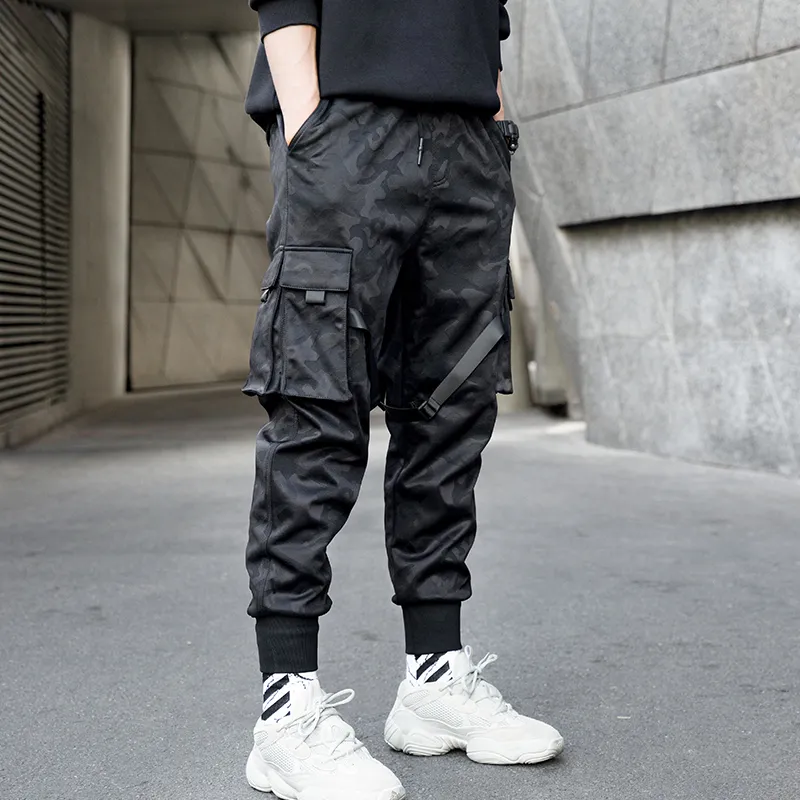 Black Multi Pocket Ribbons Design Harem Mens Streetwear Punk