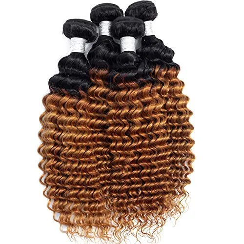 4 Bundles 1B/30 Ombre Brazilian Deep Wave Human Hair Weave Bundles 100% Unprocessed Brazilian Virgin Hair Deep Curly Hair Extensions