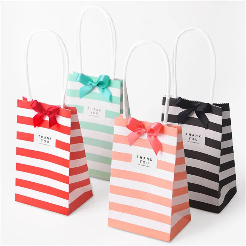 Bolsa de papel Kraft blanca a rayas de color caramelo pequeña, paquete de regalos de galletas de caramelo, bolsa con asas, cinta de lazo, regalos de cumpleaños, bolsas pequeñas